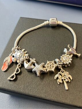 Silver Tone Charm Bracelet with Beach-Themed Charms